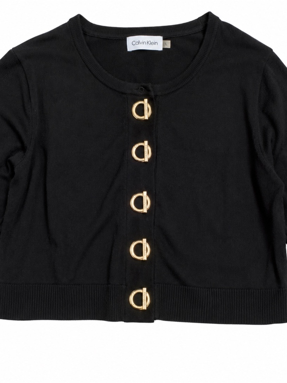 Calvin Klein Black Cropped Cardigan with Gold Ring Buttons